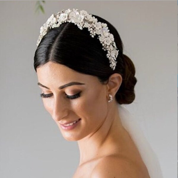 Tocado nupcial floral Tocado nupcial vintage Diadema nupcial Corona nupcial Tocado nupcial blanco Tocado nupcial perla