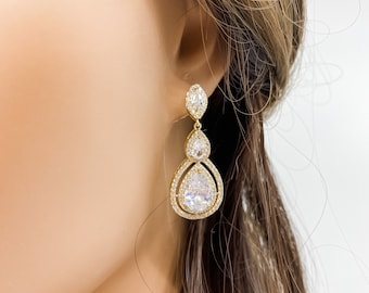 Gold Bridal Earrings | Stunning  Gold Earrings | CZ Bridal Earrings | Gold Teardrop Bridal Earrings | Art Deco Earrings | Dangle Earrings