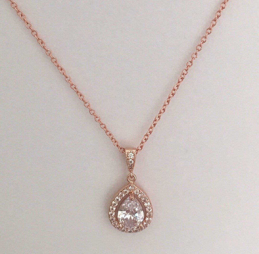 Rose Gold Teardrop Necklace Bridal Necklace Teardrop Necklace Etsy