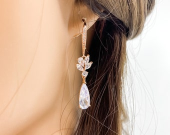 Rose Gold Teardrop Earrings Crystal Hook Bridal Earrings Bridal Teardrop Earrings Rhinestone Teardrop Bridal Earrings Bridal Jewelry