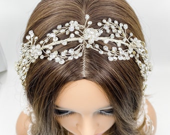 Floral Silver Crystal Bridal Headband | Elegant Double Rhinestone Headband | Swirl Crystal Bridal Headband | Bridal Hair Vine | Crystal Wrap