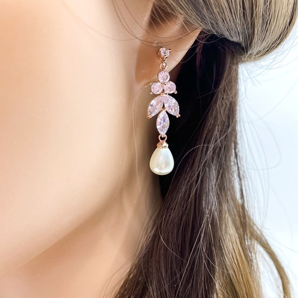 Rose Gold CZ Pearl Drop Bridal Earrings | Wedding Earrings | Bridesmaid Earrings| Rose Gold Pearl Drop Earrings | Leaf and Pearl Earrings