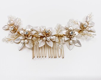 Gold Floral Bridal Headpiece Gold Bridal Comb Pearl Gold Bridal Headpiece Gold Pearl Bridal Headpiece Gold Bridal Floral Headpiece