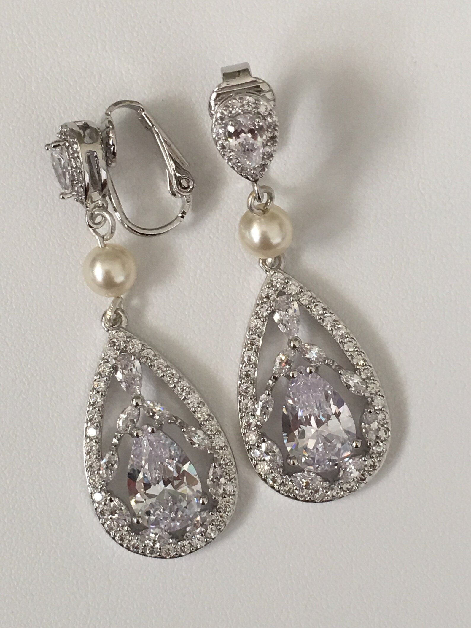 Teardrop Bridal Earrings Clip On Bridal Earrings Pearl Bridal Etsy