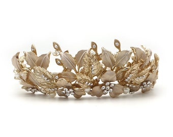 Gold Crown Pale Gold Tiara Gold Headpiece  Gold Bridal Headpiece Vintage Bridal Headpiece Leaf Bridal Headpiece Bridal Jewellery