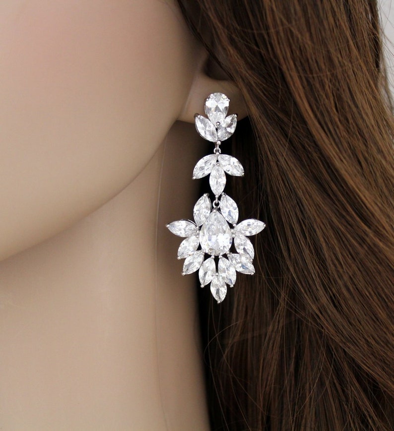 Rhodium Bridal Earrings Silver Statement Bridal Earrings Rhinestone Bridal Earrings Vintage Bridal Earrings Silver Earrings