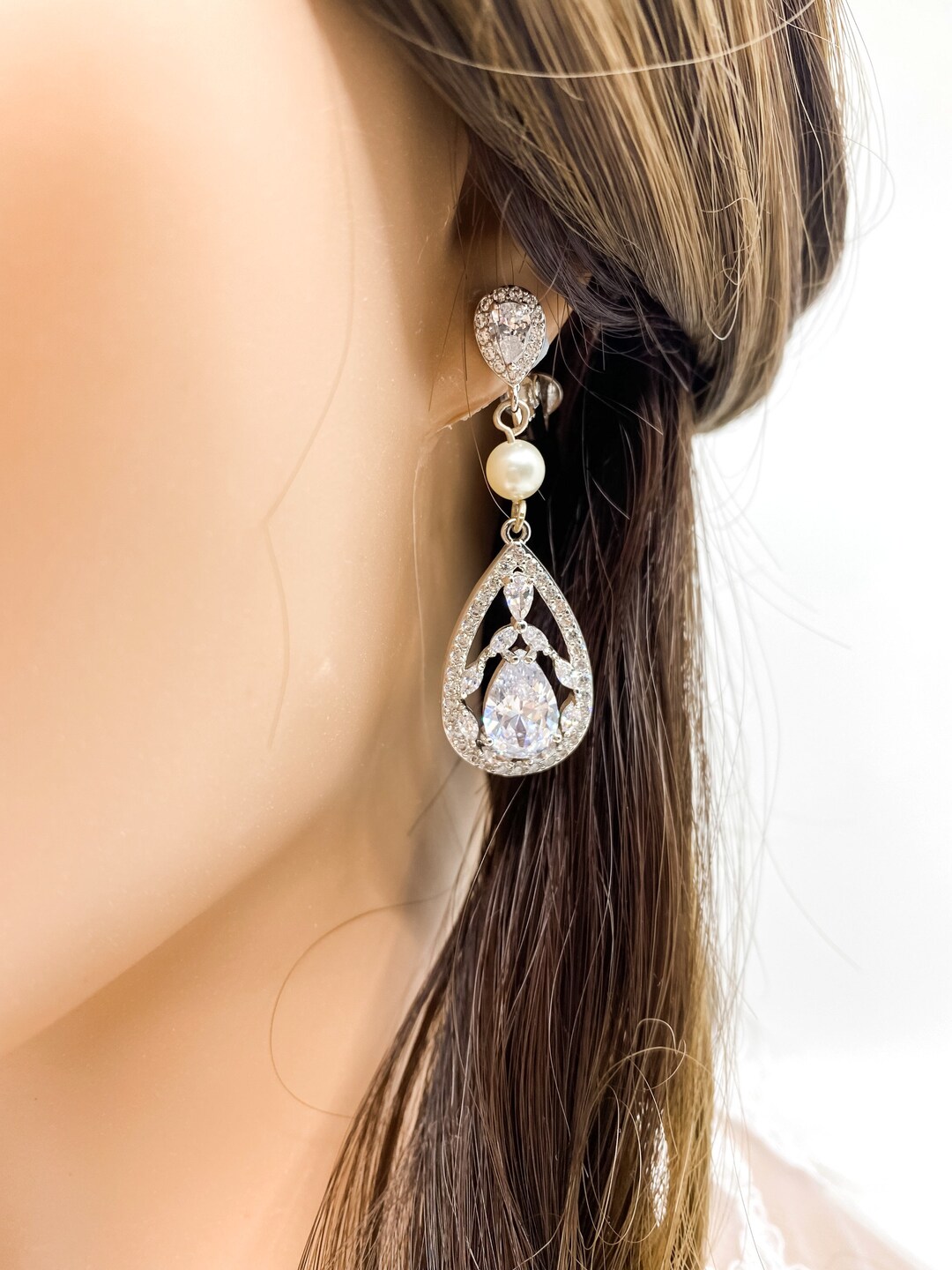 Teardrop Bridal Earrings Clip on Bridal Earrings Pearl Bridal Etsy