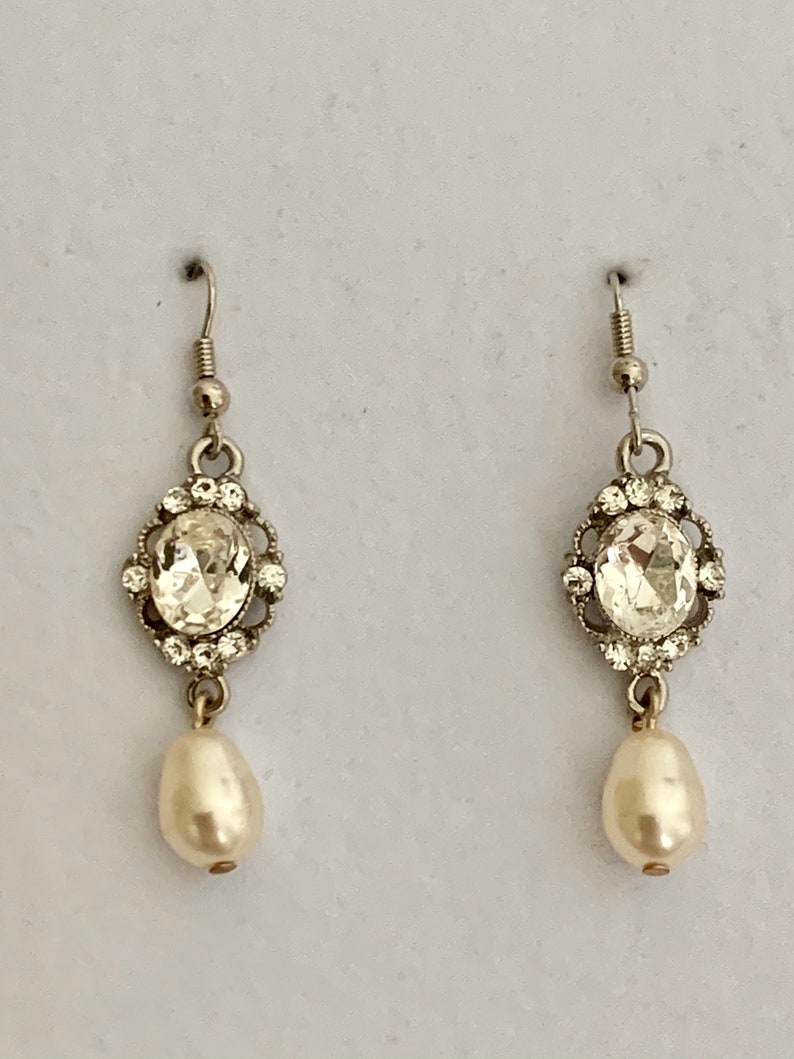 Vintage Bridal Earrings Swarovski Earrings Bridal Earrings Rhinestone Earrings Ivory Pearl Earrings Crystal Silver Earrings Bridal Jewelry image 1