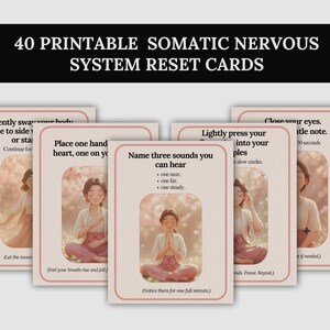 May include: Set of 40 printable cards with illustrations of a woman meditating. The cards feature prompts for grounding and relaxation exercises, such as "Gently sway your body side to side" and "Name three sounds you can hear".