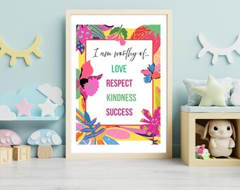 I Am Worthy Affirmation Wall Art | Positive Printable Quote | Self Love Digital Download | Motivational Wall Decor | Colorful Printable Art