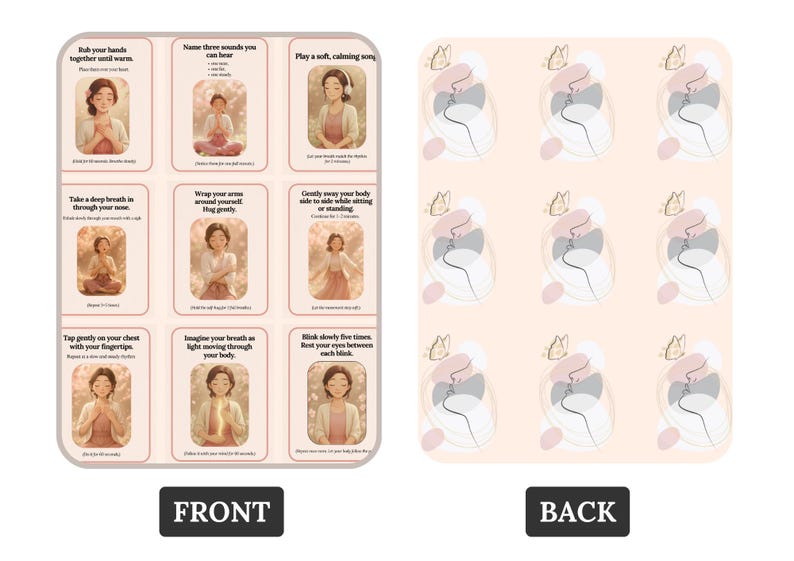 May include: A set of 9 mindfulness cards with illustrations of a woman meditating. The cards feature instructions for different mindfulness exercises, such as "Name three sounds you can hear" and "Take a deep breath in through your nose". The back of the cards features a repeating pattern of abstract shapes in shades of pink, gray, and white.