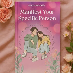 May include: A pink and purple book with the title "Manifest Your Specific Person" and an illustration of a couple sitting together. The book is surrounded by pink flowers.