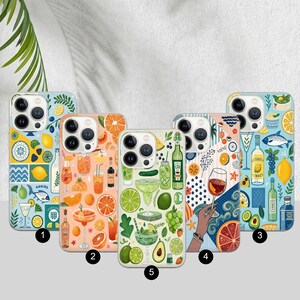 May include: Five phone cases with colorful designs featuring cocktail and fruit illustrations. Designs include margaritas, oranges, lemons, and wine glasses. The cases have a glossy finish and are designed for a smartphone.