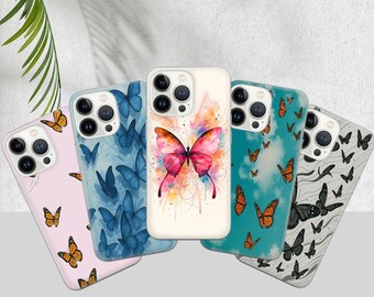May include: Set of six iPhone cases featuring different butterfly designs. The cases are all clear with a white background and feature colorful butterflies with intricate details. The cases are all made of durable plastic and are designed to protect your phone from scratches and drops.
