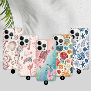 May include: Five phone cases with ocean-themed designs. The cases feature illustrations of seashells, coral, starfish, and sea turtles in various colors, including pink, blue, orange, and white. Each case has a different design, offering a variety of coastal aesthetics.