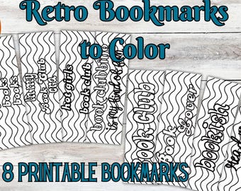Retro Printable Coloring Bookmarks | Vintage Book Club Book Mark | 8 Bookish Quotes | Happy Groovy Aesthetic | Digital Download PDF PNG