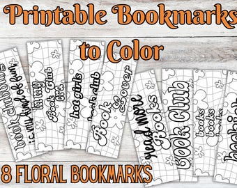 Printable Retro Bookmarks to Color | Book Club Coloring Book Marks | 8 Floral Designs | Digital Download Flower | Bookish Gifts | DIY