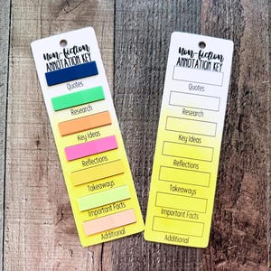 May include: Two rectangular bookmarks labeled Non-fiction Annotation Key. One features colorful adhesive tabs for Quotes, Research, Key Ideas, Reflections, Takeaways, Important Facts, and Additional. The other is a blank template with empty boxes.
