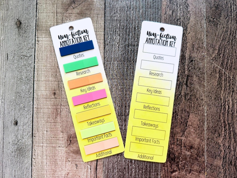 May include: Two rectangular bookmarks labeled Non-fiction Annotation Key. One features colorful adhesive tabs for Quotes, Research, Key Ideas, Reflections, Takeaways, Important Facts, and Additional. The other is a blank template with empty boxes.