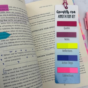 May include: A white rectangular annotation key bookmark with a pink string loop, featuring the text Growth era ANNOTATION KEY and five colored adhesive tabs labeled Quotes, Notes, Reflections, Action Steps, and Connections, placed on an open book.