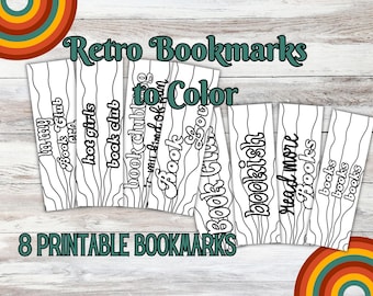 Retro Coloring Bookmarks | 8 Bookish Quotes, Wavy Lines (PDF)