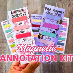 May include: A collection of colorful magnetic annotation kits. Each kit features a different color scheme and includes labels such as "Love," "Quotes," and "Plot." The text "Magnetic Annotation Kit" is prominently displayed.