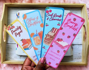 Summer Bookmarks Set – Cute Fruit Bookmarks for Readers, Laminated Bookish Gift, Aesthetic Stationery, Peach Cherry Strawberry Lemon Designs