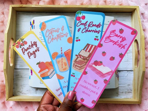 Summer Bookmarks Set – Cute Fruit Bookmarks for Readers, Laminated Bookish Gift, Aesthetic Stationery, Peach Cherry Strawberry Lemon Designs