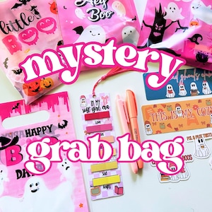 May include: A collection of pink Halloween-themed grab bags and accessories. The image features bags with ghost and pumpkin graphics, along with bookmarks, stickers, and pens. The word "mystery" and "grab bag" are prominently displayed.