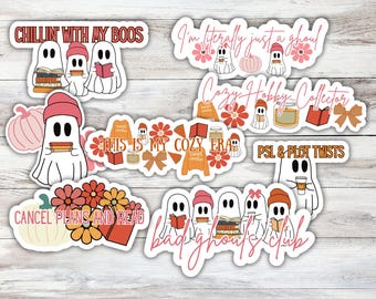 Fall Ghost Book Lover Stickers | Cozy Autumn Reading Quotes | Cute Halloween Ghosts with Books for Journals, Laptops & E-Readers | Pink
