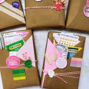 以下が含まれることがあります： ピンクと白の紐で結ばれた茶色の紙のパッケージ。ワックススタンプとステッカーで封印されています。一部のパッケージにはピンクのグリッターペーパーがあり、お茶、ペン、ステッカーが含まれています。「read more books」と「let's get literary」と書かれたステッカーで飾られています。