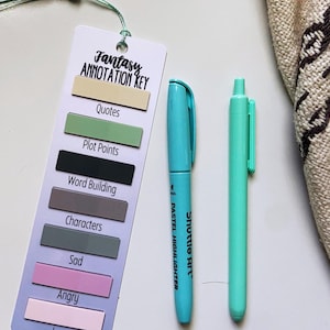 May include: A bookmark with the text "Fantasy Annotation Key" and color-coded sections for annotation. A teal highlighter and a mint green pen are next to the bookmark. A beige fabric with a dark brown pattern is in the background.