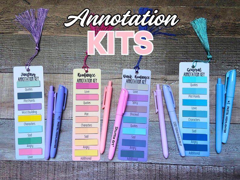 May include: Four annotation kits featuring rectangular bookmarks with color-coded sticky tabs and matching pastel highlighters. Each bookmark is labeled with categories like Fantasy, Romance, Dark Romance, and General Annotation Key, topped with a colorful tassel.