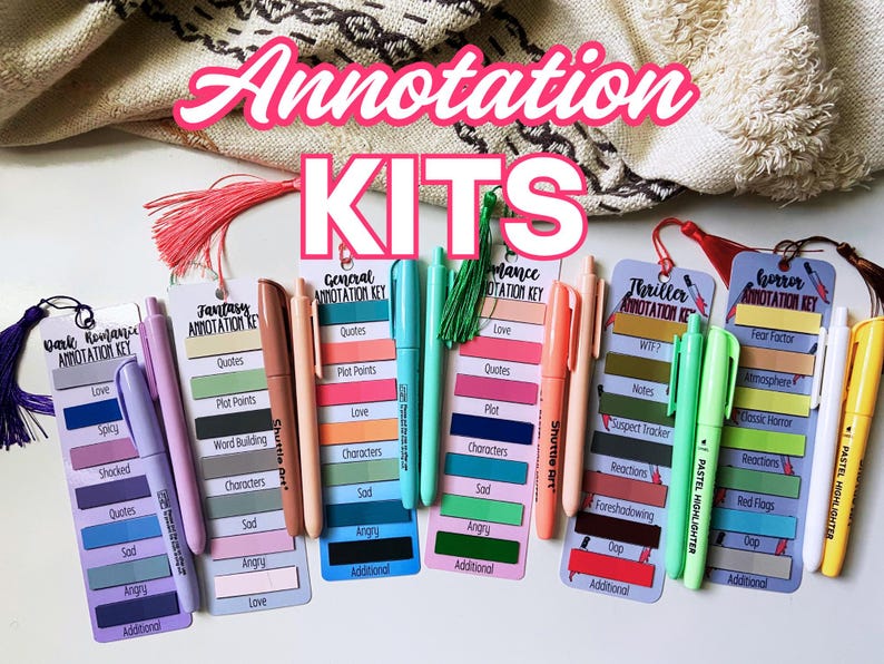 May include: A collection of annotation kits with colorful bookmarks and pens. Each bookmark features a different theme, such as fantasy, thriller, and horror, with labels like "Quotes" and "Plot Points". The pens are in various pastel colors.