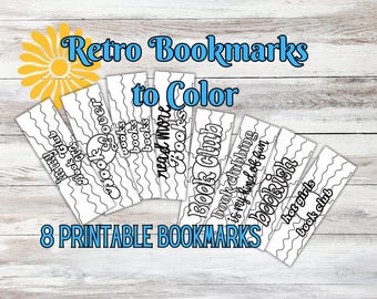 Retro Sun Burst Printable Coloring Bookmarks | Vintage Book Club Book Mark | 8 Bookish Quotes | Happy 70s Aesthetic | Digital Download