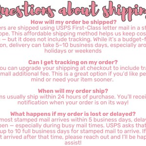 May include: Pink text on a white background with the words "Questions about shipping". The text answers questions about shipping methods, tracking, and delivery times.