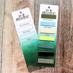May include: Two rectangular bookmarks with a green gradient background and the text "sci-fi ANNOTATION KEY" at the top. One bookmark features blank white rectangles for notes, while the other has colorful adhesive tabs labeled World Building, Plot Twists, Action, Characters, Theories, Favorite Quotes, and Additional.