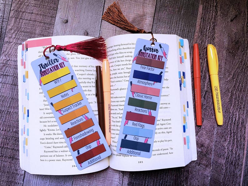 May include: Two rectangular light blue bookmarks with tassels, featuring annotation keys for Thriller and Horror genres. The Thriller bookmark includes color-coded sections for WTF, Notes, Suspect Tracker, Reactions, Foreshadowing, Oop, and Additional.