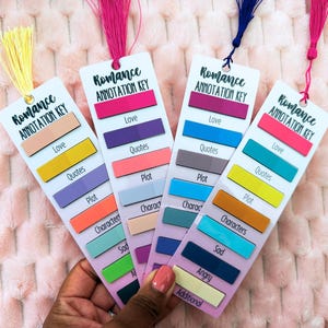 Puede incluir: Cuatro marcadores coloridos con borlas, etiquetados como "Romance Annotation Key". Cada marcador presenta secciones codificadas por colores para "Love", "Quotes", "Plot", "Characters", "Sad", "Angry" y "Additional". Los marcadores están sobre un fondo rosa texturizado.