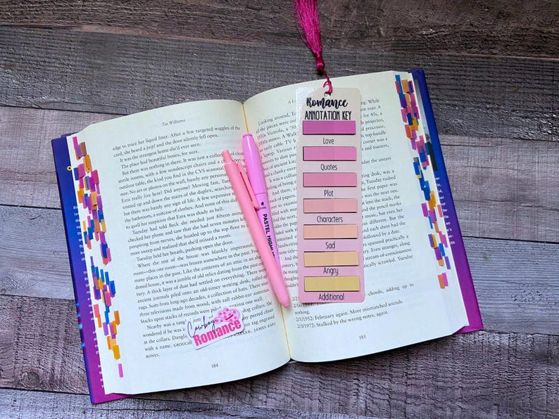 May include: An open book with colorful page markers, a pink highlighter, and a vertical bookmark featuring a Romance Annotation Key. The bookmark lists categories including Love, Quotes, Plot, Characters, Sad, Angry, and Additional, each with a corresponding color block and a dark pink tassel at the top.