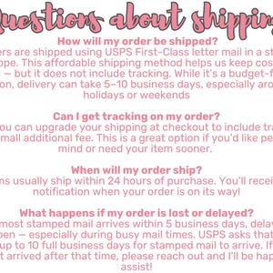 May include: A pink and white graphic with the text "Questions about shipping." The text explains how orders are shipped, tracking options, shipping times, and what to do if an order is delayed or lost.