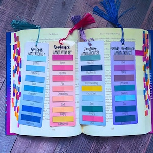 May include: Four rectangular bookmarks with colored tassels, each featuring an annotation key for different book genres. The bookmarks are labeled General, Romance, Fantasy, and Dark Romance, with corresponding color-coded sticky tabs for categories like quotes, plot points, love, characters, sad, and angry.