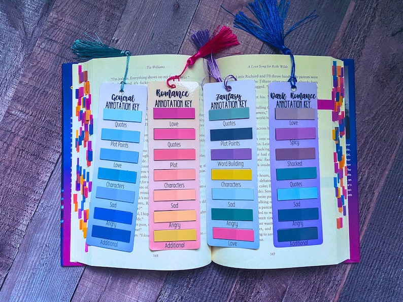 May include: Four rectangular bookmarks with colored tassels, each featuring an annotation key for different book genres. The bookmarks are labeled General, Romance, Fantasy, and Dark Romance, with corresponding color-coded sticky tabs for categories like quotes, plot points, love, characters, sad, and angry.
