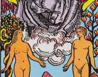 May include: The Lovers tarot card features a winged angel with a crown of thorns, a woman and a man standing on either side of a cloud. The card is set against a yellow background with a sun and a mountain in the background. The text "THE LOVERS." is printed at the bottom of the card.