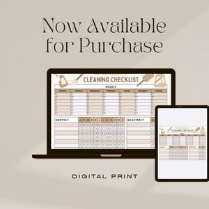 May include: A digital printable cleaning checklist with sections for weekly, monthly, and quarterly tasks. The checklist is designed with a brown and white color scheme and features illustrations of cleaning supplies.
