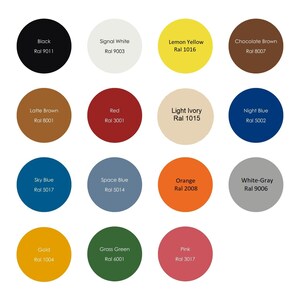 Puede incluir: Una paleta de colores con 16 muestras de color circulares con sus nombres y c&oacute;digos RAL. Los colores incluyen negro, blanco, amarillo, marr&oacute;n, beige, rojo, azul, naranja, gris, dorado, verde y rosa. La imagen est&aacute; sobre un fondo blanco.