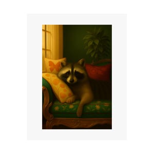 Póster de mapache satinado, decoración acogedora para el hogar, arte mural de animales, regalo para amantes de la naturaleza, arte caprichoso para niños y amantes de las mascotas.