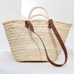 French Basket, Handmade Woven Moroccan Basket, Market Basket with Double Leather Handles