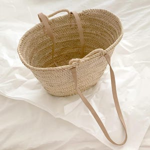 French Basket, Handmade Woven Moroccan Basket, Market Basket with Double Leather Handles