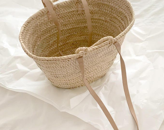 French Basket, Handmade Woven Moroccan Basket, Market Basket with Double Leather Handles